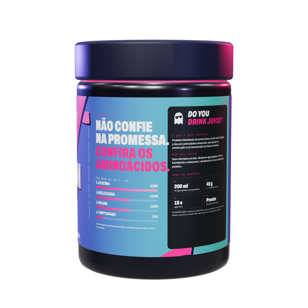 Pote Beef Protein Refresh Juice Groselha — lateral com o painel de aminoácidos