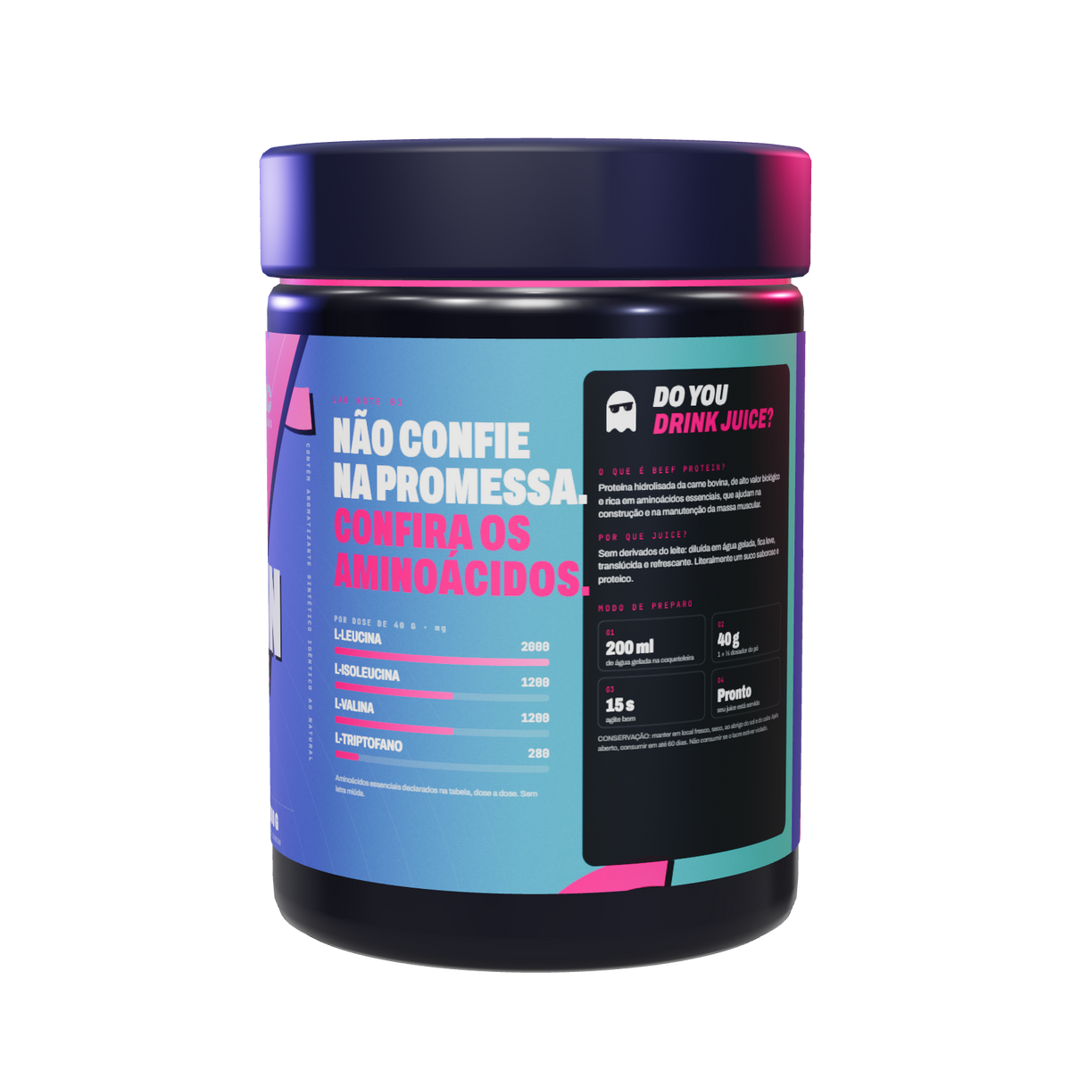 Pote Beef Protein Refresh Juice Groselha — lateral com o painel de aminoácidos
