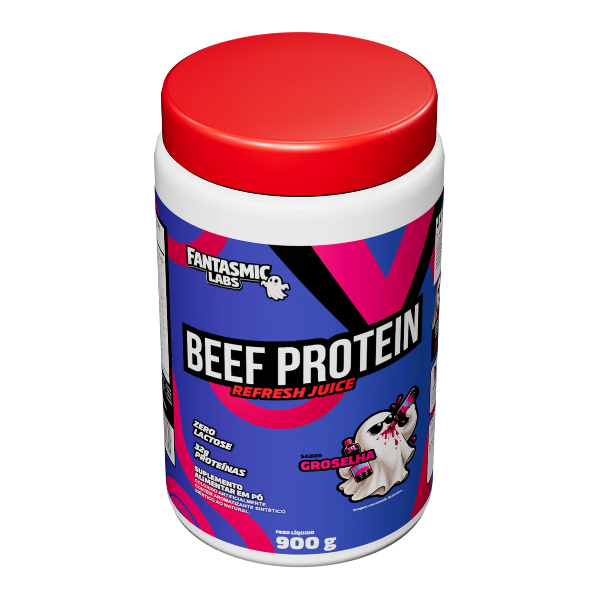 Pote Beef Protein Groselha visto de cima
