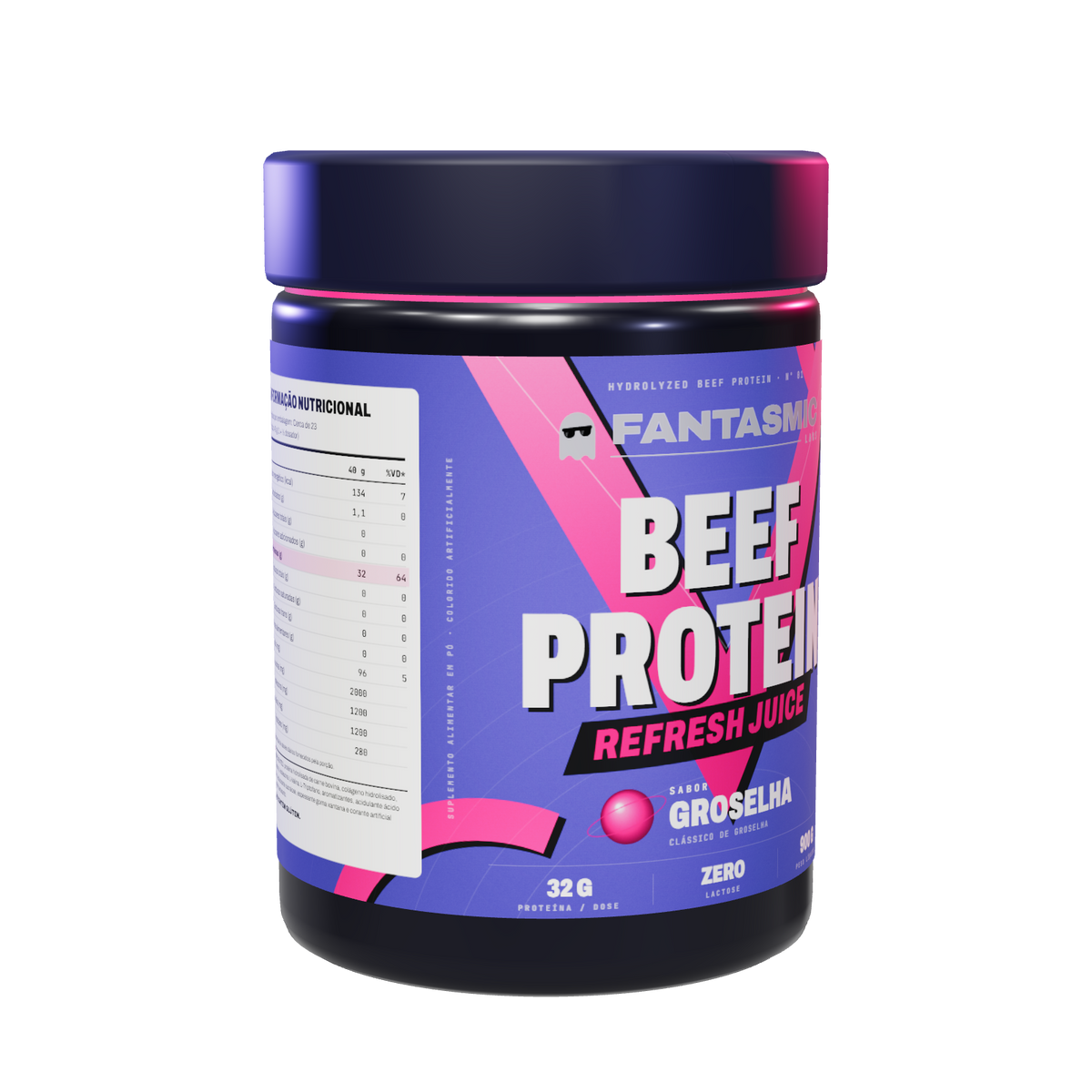 Pote Beef Protein Refresh Juice Groselha — em 3/4 com a tabela nutricional