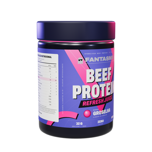 Pote Beef Protein Refresh Juice Groselha — em 3/4 com a tabela nutricional