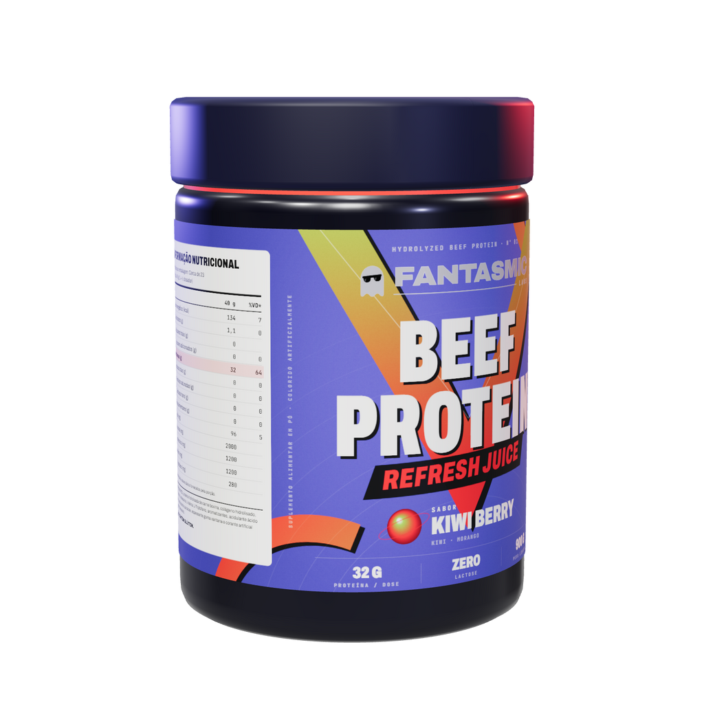 Pote Beef Protein Refresh Juice Kiwi Berry — em 3/4 com a tabela nutricional