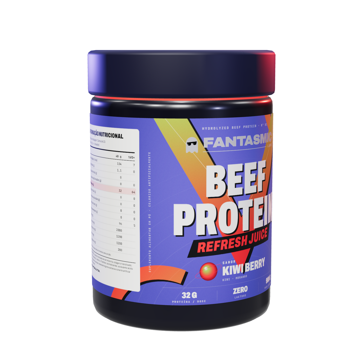 Pote Beef Protein Refresh Juice Kiwi Berry — em 3/4 com a tabela nutricional