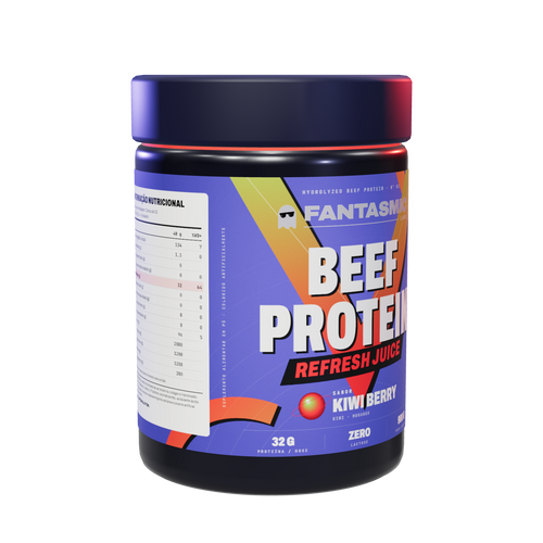 Pote Beef Protein Refresh Juice Kiwi Berry — em 3/4 com a tabela nutricional