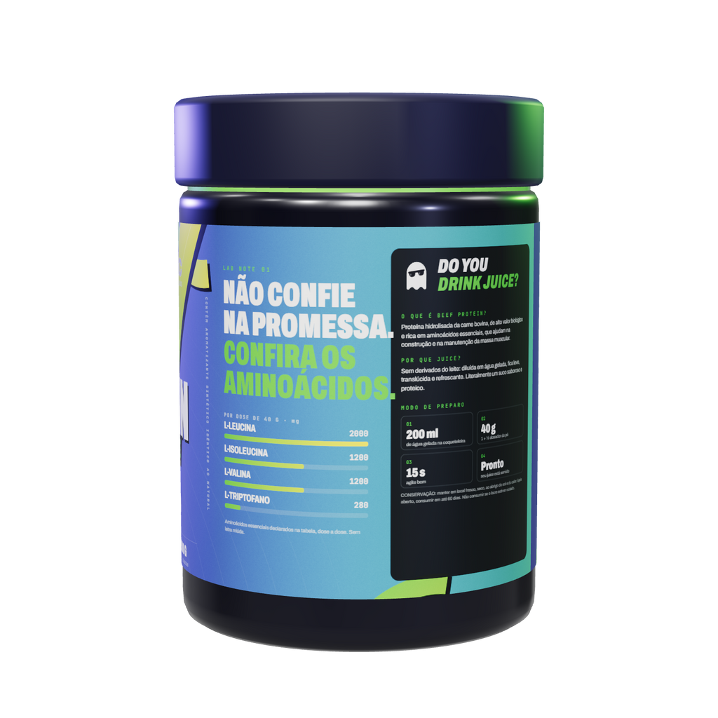 Pote Beef Protein Refresh Juice Pine Splash — lateral com o painel de aminoácidos