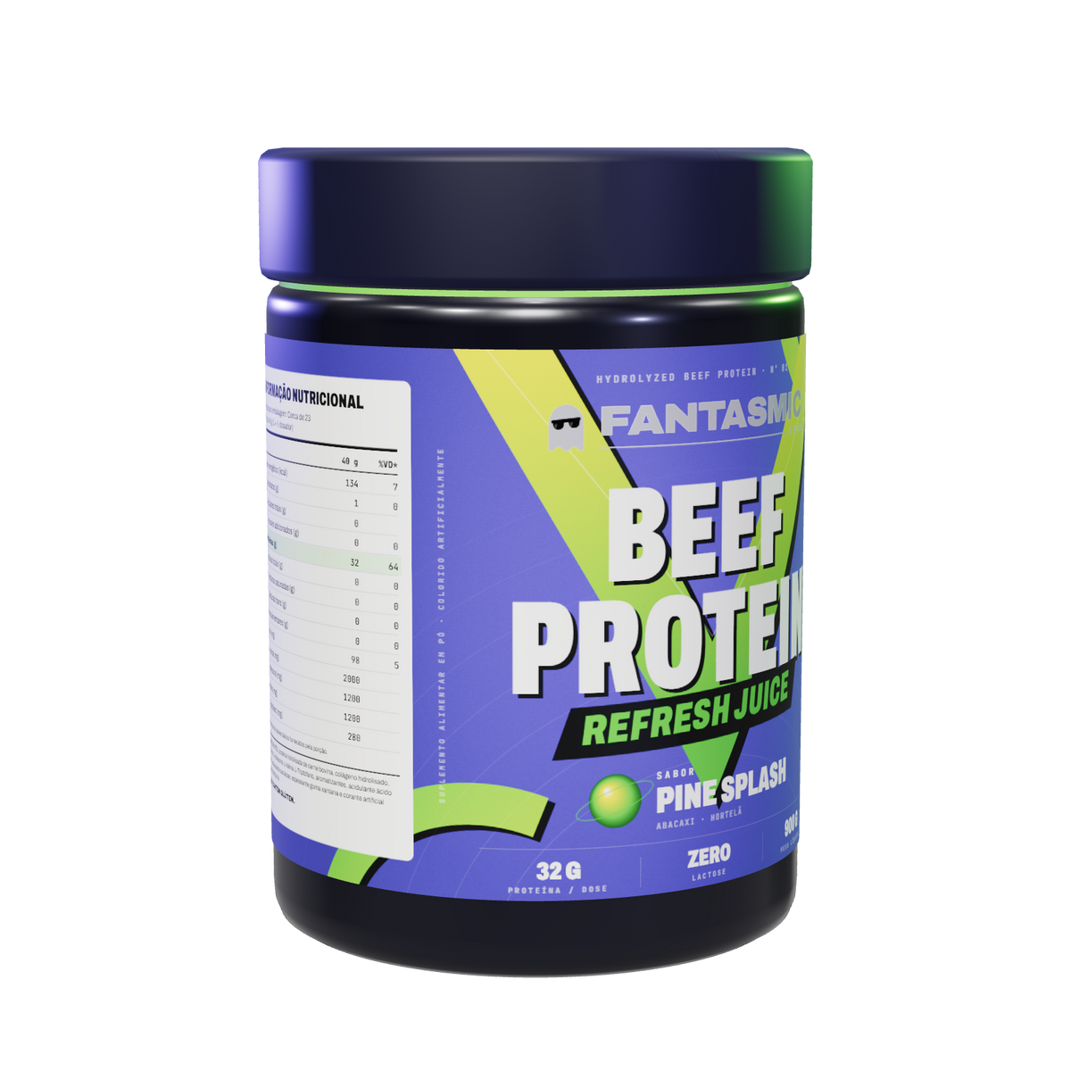 Pote Beef Protein Refresh Juice Pine Splash — em 3/4 com a tabela nutricional