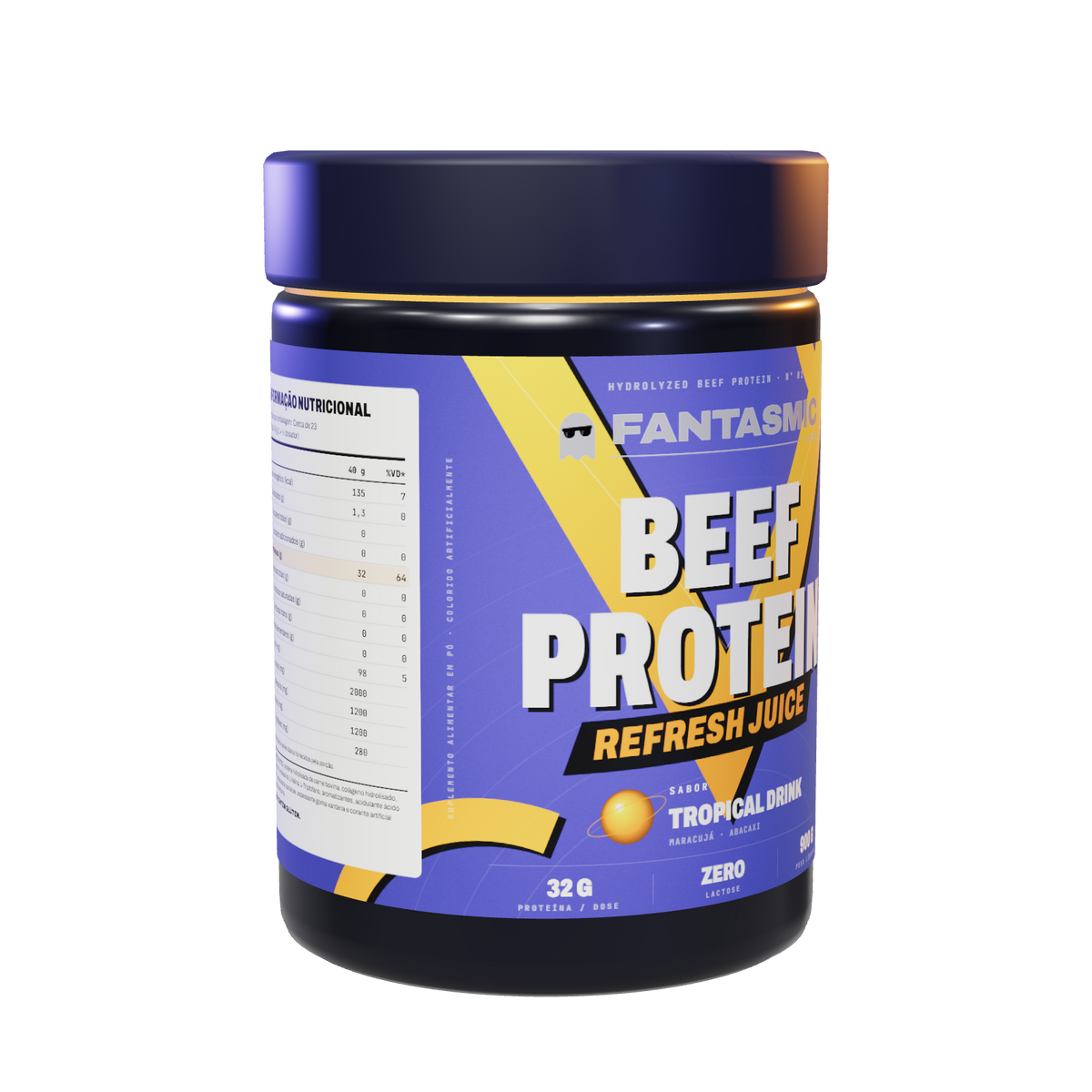 Pote Beef Protein Refresh Juice Tropical Drink — em 3/4 com a tabela nutricional